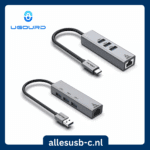 Twee UGOURD USB hubs boven elkaar, één met USB-C connector en één met USB-A connector, beide met RJ45 en USB poorten