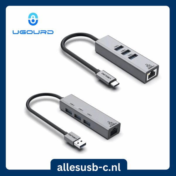 Twee UGOURD USB hubs boven elkaar, één met USB-C connector en één met USB-A connector, beide met RJ45 en USB poorten