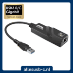 USB 3.0 naar RJ45 ethernet adapter met zwarte behuizing en blauwe USB-A connector