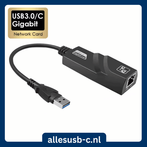 USB 3.0 naar RJ45 ethernet adapter met zwarte behuizing en blauwe USB-A connector