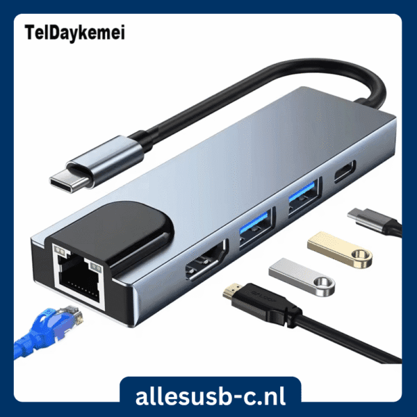Grijze USB-C adapter met netwerkaansluiting en dubbele USB 3.0 poorten
