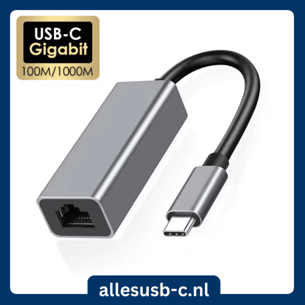 Grijze USB-C netwerkadapter met gouden badge "USB-C Gigabit 100M/1000M"