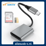 Zilveren USB-C naar SD en MicroSD kaartlezer met flexibele kabel