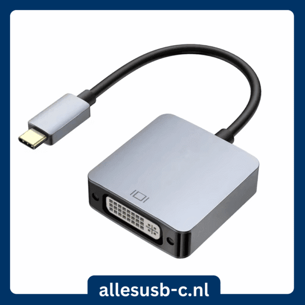Compacte USB Type-C naar DVI adapter met een duurzame aluminium behuizing en flexibele kabel.