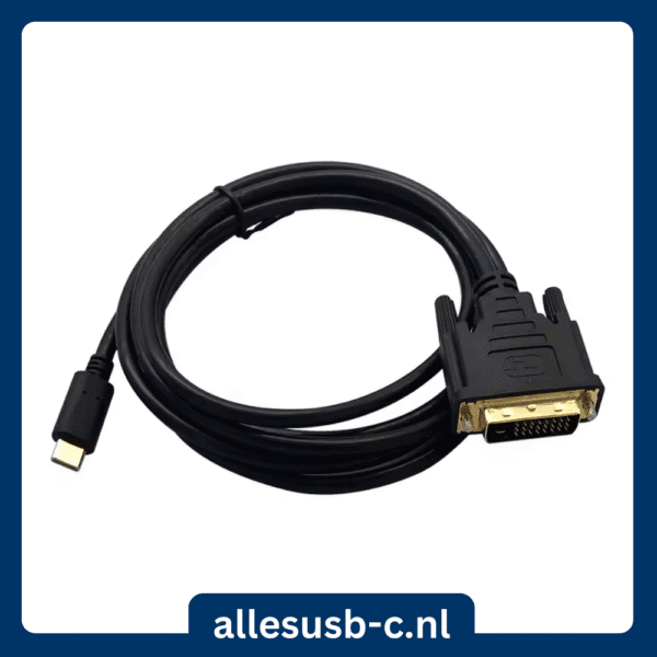 Lange zwarte USB Type-C naar DVI-D kabel voor directe verbinding tussen laptop en monitor.