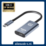 Grijze USB-C naar DisplayPort adapterkabel met het "allesusb-c.nl" merk, ondersteunt 8K@60Hz en DisplayPort 1.4.
