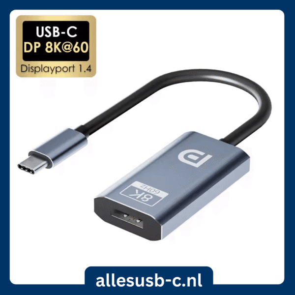 Grijze USB-C naar DisplayPort adapterkabel met het "allesusb-c.nl" merk, ondersteunt 8K@60Hz en DisplayPort 1.4.