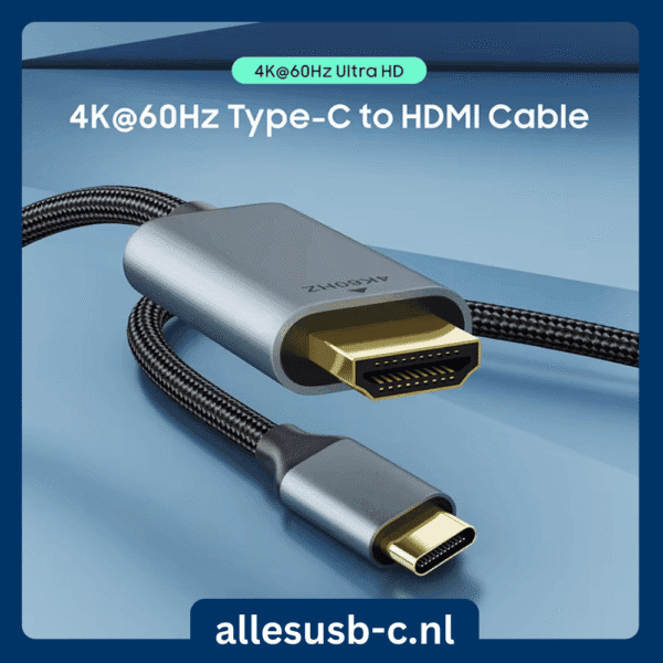 Gevlochten USB-C naar HDMI kabel met gouden uiteinden en 4K Ultra HD label.