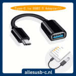 Zwarte USB-C naar USB-A verloopkabel OTG ondersteuning