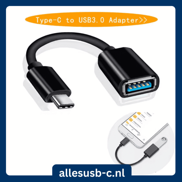 Zwarte USB-C naar USB-A verloopkabel OTG ondersteuning