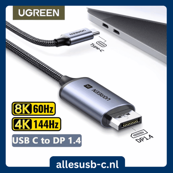 Hoogwaardige Ugreen USB C naar DisplayPort 1.4 adapter kabel met ondersteuning voor 8K 60Hz en 4K 144Hz