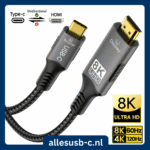 USB-C naar HDMI kabeldiagram met 'Source' en 'Display' labels, toont unidirectionele transmissie voor 8K 60Hz.
