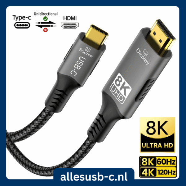 USB-C naar HDMI kabeldiagram met 'Source' en 'Display' labels, toont unidirectionele transmissie voor 8K 60Hz.