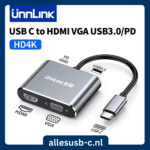 UnnLink USB-C naar HDMI, VGA, USB 3.0 en PD adapter met HD 4K ondersteuning