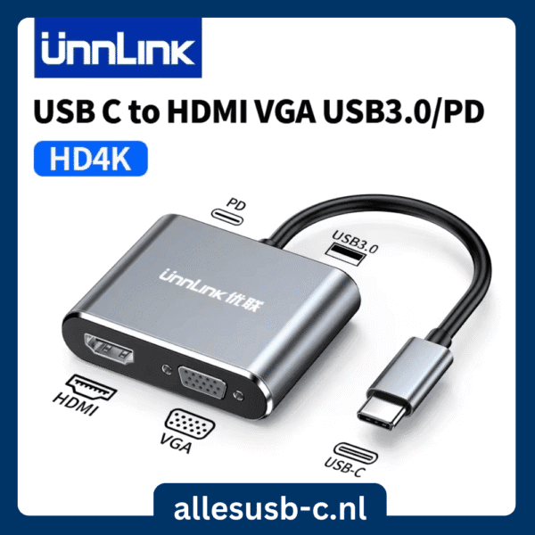 UnnLink USB-C naar HDMI, VGA, USB 3.0 en PD adapter met HD 4K ondersteuning