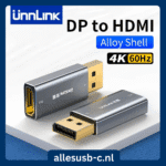 Premium Unnlink DP naar HDMI adapter met een grijze aluminium behuizing en vergulde connectoren voor 4K 60Hz output.