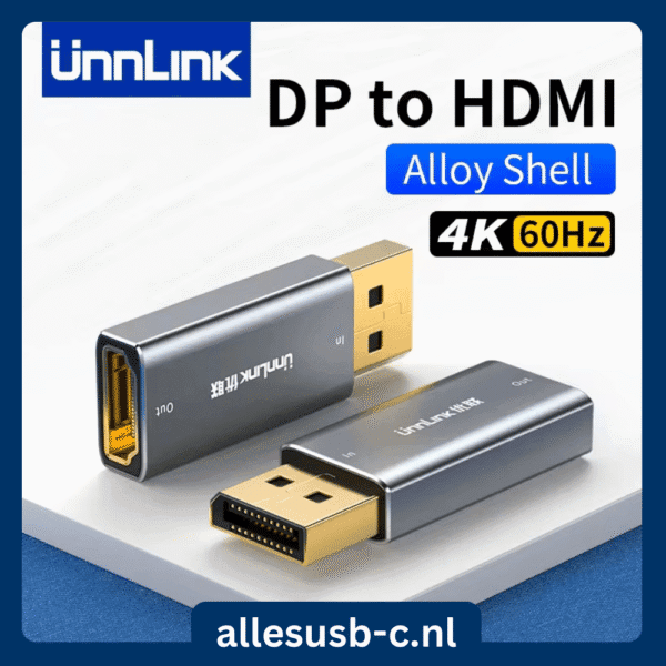 Premium Unnlink DP naar HDMI adapter met een grijze aluminium behuizing en vergulde connectoren voor 4K 60Hz output.
