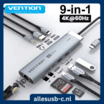 Vention 9-in-1 USB-C hub met 4K 60Hz HDMI, RJ45 ethernet, SD/TF kaartlezer en USB 3.0 poorten.