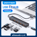 Zwarte Vention USB-C hub 10Gbps aangesloten op laptop