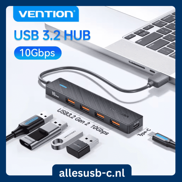Zwarte Vention USB-C hub 10Gbps aangesloten op laptop