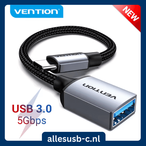 Grijze gevlochten USB-C OTG kabel met aluminium behuizing