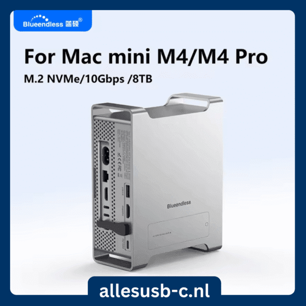 Zilveren verticale houder met een Mac mini M4 erin geplaatst, met tekst die ondersteuning voor M.2 NVMe SSD's tot 8TB en 10Gbps snelheid aangeeft.
