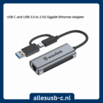 Grijze Wavlink netwerkadapter met ventilatiegaten en een 2-in-1 kabel (USB-C en USB-A)