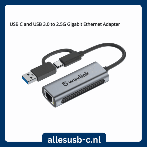 Grijze Wavlink netwerkadapter met ventilatiegaten en een 2-in-1 kabel (USB-C en USB-A)