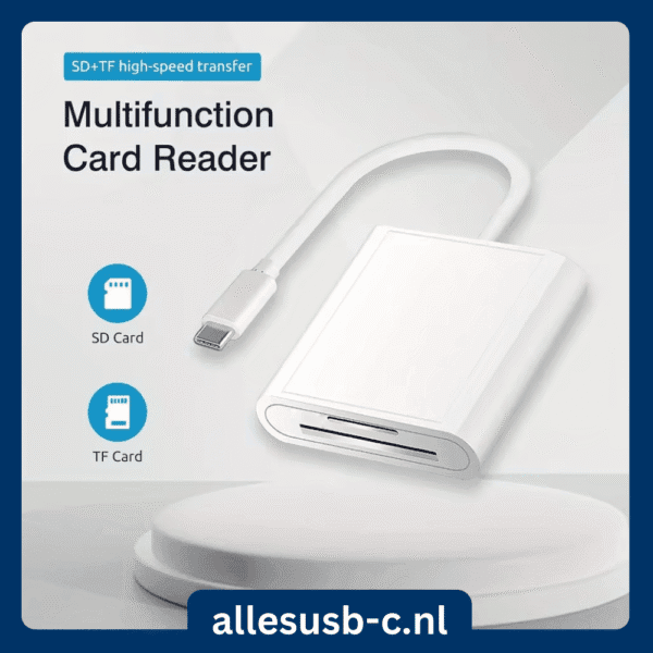 Witte multifunctionele USB-C card reader met slots voor SD en TF geheugenkaarten