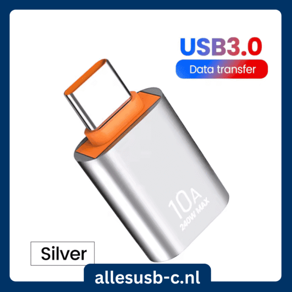 Zilveren USB 3.0 verloopstekker USB-A mannelijk naar USB-C vrouwelijk