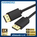 Zwarte DisplayPort naar DisplayPort kabel met vergulde connectoren en specificaties 8K, 4K 144Hz en 2K 165Hz