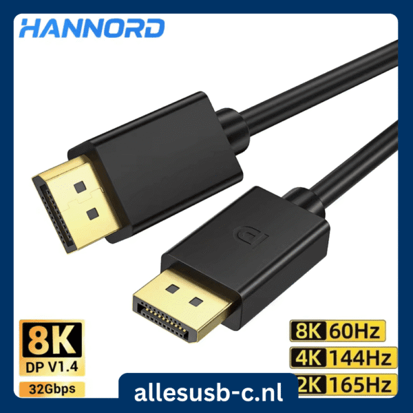 Zwarte DisplayPort naar DisplayPort kabel met vergulde connectoren en specificaties 8K, 4K 144Hz en 2K 165Hz