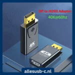 Premium zwarte DP naar HDMI adapter met 4K@60Hz ondersteuning en allesusb-c.nl branding.