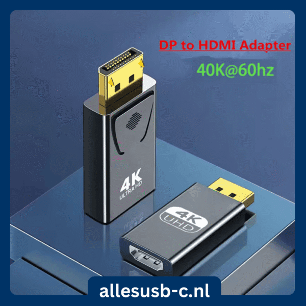 Premium zwarte DP naar HDMI adapter met 4K@60Hz ondersteuning en allesusb-c.nl branding.