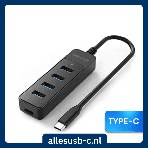 Zwarte USB-C naar 4x USB 3.0 splitter voor laptop