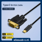 Zwarte USB Type-C naar VGA adapter kabel 1.5m met vergulde connectoren en 4K 60Hz badge