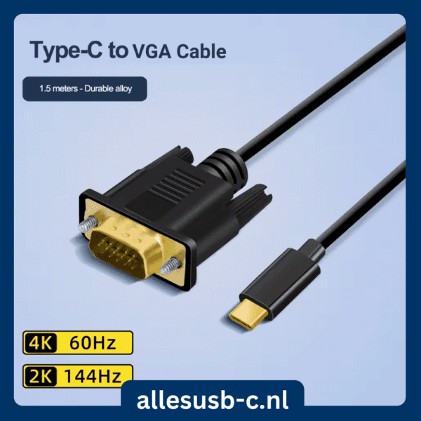 Zwarte USB Type-C naar VGA adapter kabel 1.5m met vergulde connectoren en 4K 60Hz badge