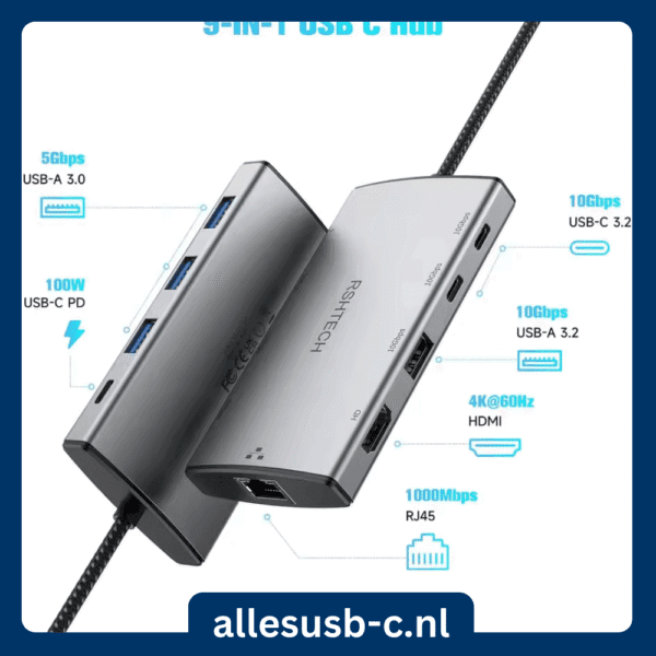 RSHTECH 9-in-1 USB-C hub met razendsnelle 10Gbps USB-C en USB-A 3.2 poorten, 4K 60Hz HDMI en 1000Mbps Ethernet.