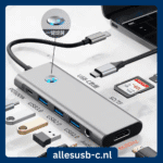 9-in-1 USB-C hub met een unieke 'screen-off' privacy knop, SD-kaartlezer en HDMI-poort op een bureau.
