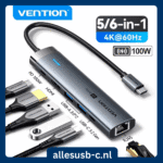 Vention 6-in-1 USB-C hub met 4K@60Hz HDMI, 100W PD en Gigabit Ethernet aansluiting.