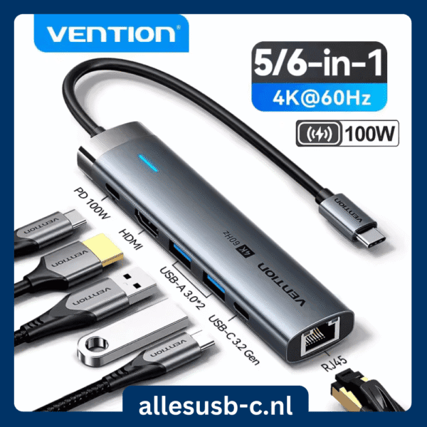 Vention 6-in-1 USB-C hub met 4K@60Hz HDMI, 100W PD en Gigabit Ethernet aansluiting.