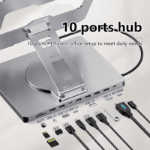 Multifunctionele 10-in-1 USB-C docking standaard met aansluitingen voor HDMI, USB 3.0, USB 2.0, SD/TF en 100W PD opladen.