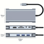 10-in-1 USB-C docking station afmetingen weergave: 119mm lang, 56mm breed en 17mm dik.