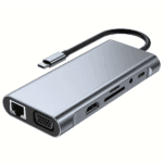 10-in-1 USB-C hub met een duidelijk overzicht van de zijaansluitingen, waaronder de RJ45 Ethernet en VGA poorten.