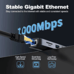 Detailopname van de ethernetpoort met een aangesloten netwerkkabel en de tekst '1000Mbps' en 'Stable Gigabit Ethernet'.