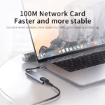 Laptop verbonden met stabiel 100Mbps bedraad internet via de RJ45 poort van de USB-C hub.