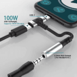 Technisch schema van adapter met 100W USB-C oplaadpoort en 3.5mm AUX uitgang