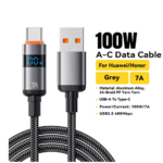 Grijze USB-A naar USB-C kabel met LED display en 7A ondersteuning