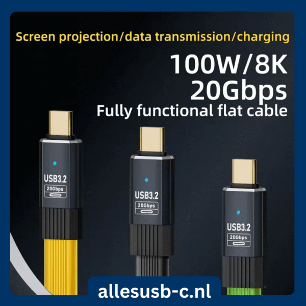 Drie platte USB-C kabels (zwart, geel, groen) met 20Gbps data en 8K video specificaties