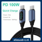 Blauwe gevlochten USB-C kabel van allesusb-c.nl met een digitaal LED-scherm dat 100W laadsnelheid toont.